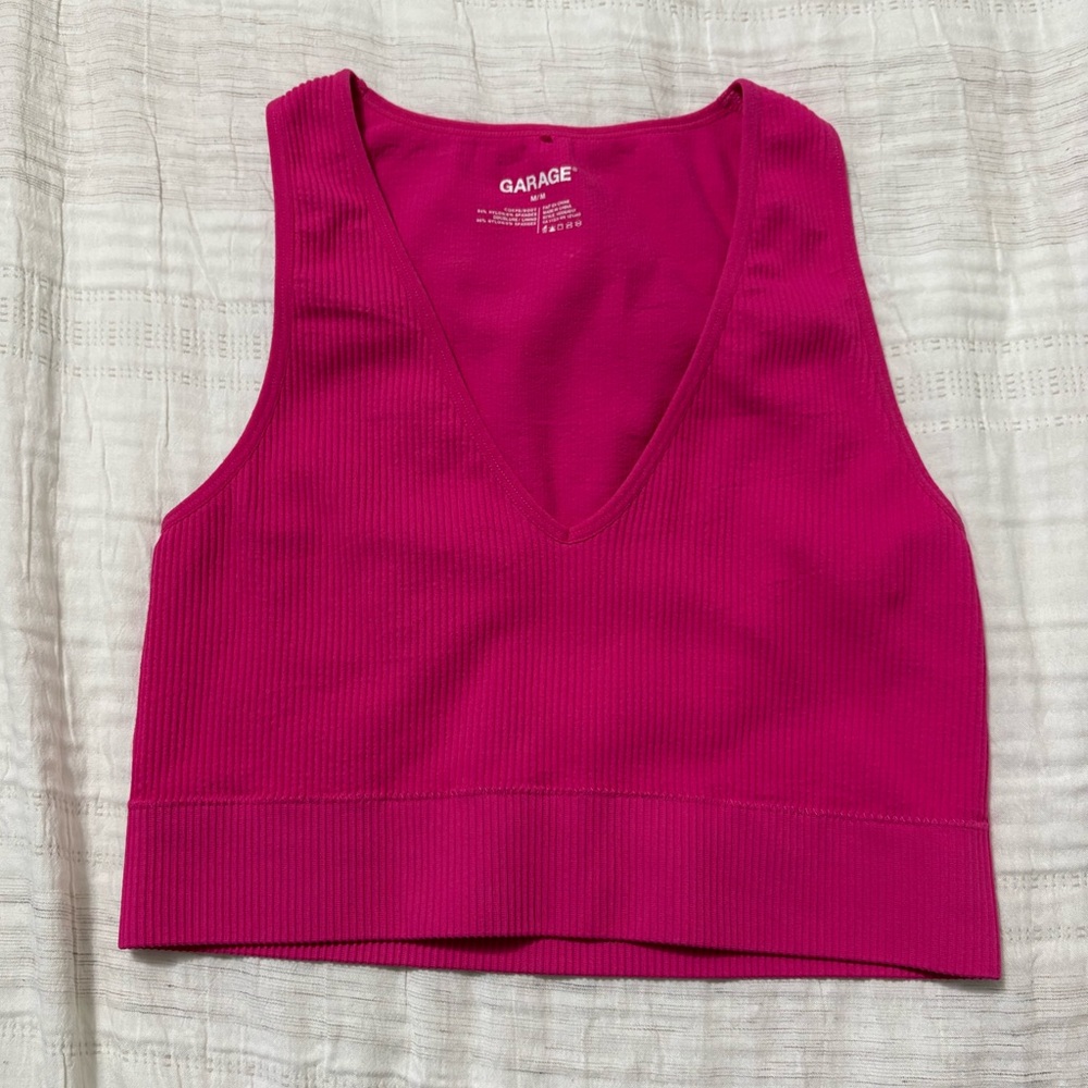 Garage Pink Ribbed V-Neck Crop Tank